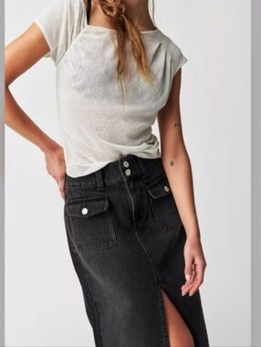 NEW We The Free Black Denim High-Rise Madison Midi Skirt With Front Slit NWOT